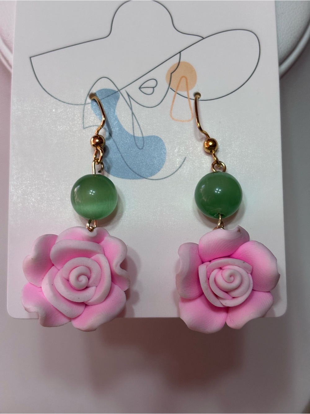 Pink Rose Drop Earrings with Green Cats Eye Accents 2 inches